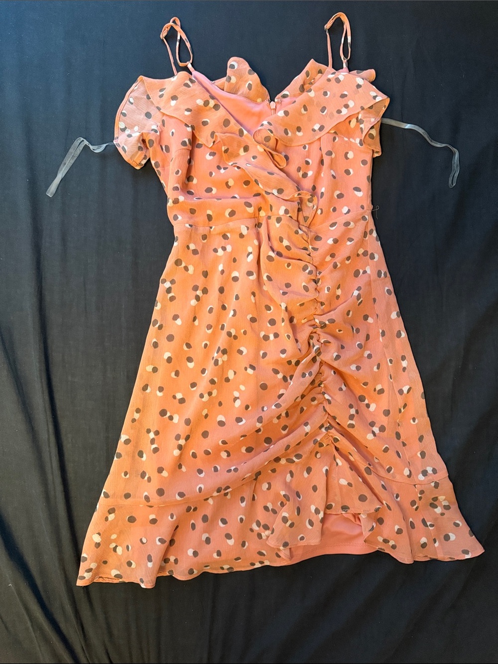 All in Favor Coral Polka-Dot Ruffle Strap Mini Dress